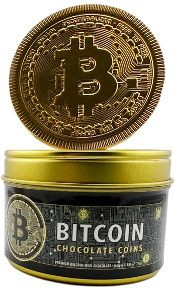 Foiled Again! XL Chocolate Bitcoins Drum - 10 Extra Large Belgian Milk Bitcoins - Intricate Detail Imprinting - Foil and Chocolate Embossed - BTC Crypto Gift Tin