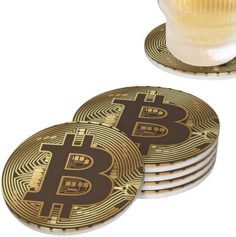 Bitcoin Crypto Currency Coasters for Drinks, Absorbent Ceramic Drink Coasters for Coffee Table, Cup Coasters Set of 4, Coasters for Wooden Table, Bar Coasters, 4 Inches