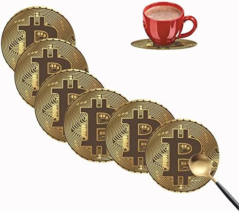 Coasters for Drinks Set of 6, Bitcoin Crypto BTC Drink Coasters for Coffee Table, Cute Farmhouse Leather Coaster for Cup Kitchen Bar Home Decor Housewarming Gift